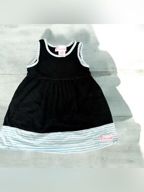 Girls' Black Tank Dress with Light Blue Stripe Trim